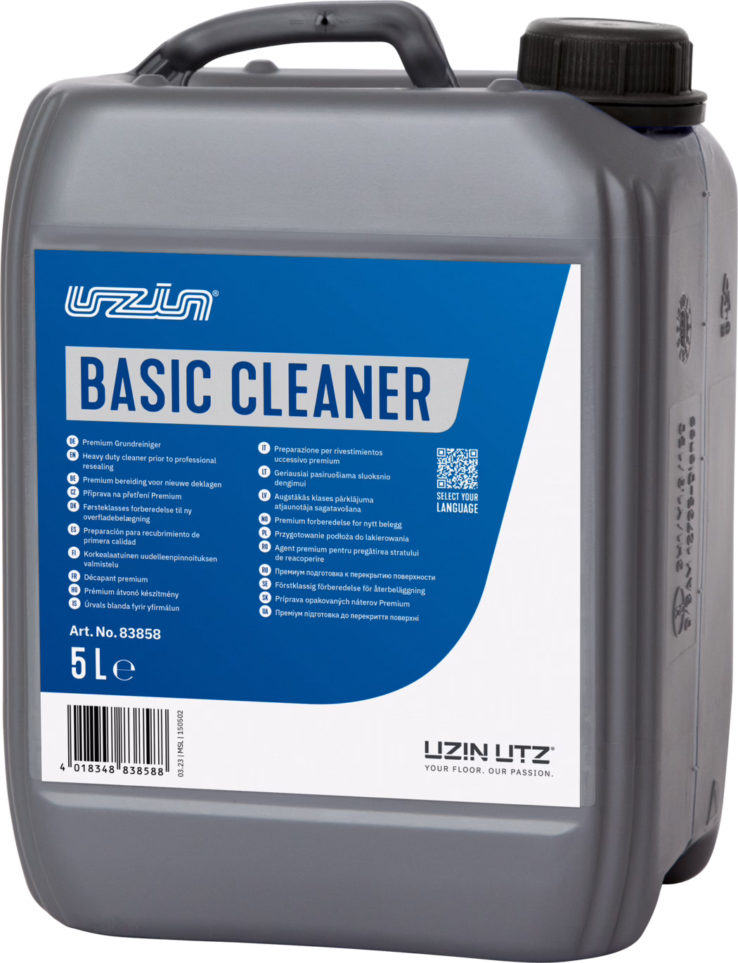 UZIN_Dummy_Basic Cleaner-5l_2023-12 Close-up of a gray 5-litre plastic jerrycan with a blue-and-white label reading "BASIC CLEANER". The container has an integrated handle at the top and a black screw cap at the corner. The label displays multilingual product text, a QR code, an article number (Art. No. 83858) and a barcode; the brand logo "UZIN UTZ" is visible at the bottom. The plastic surface shows molded details and measurement markings. The image is well lit on a light background and shows the front and right side of the container.