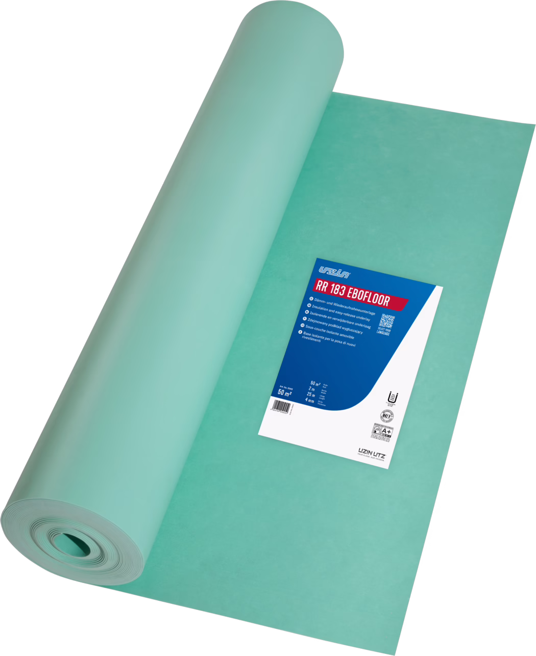 A rolled-up turquoise floor underlay sheet partially unrolled on a white background. A blue and white product label with branding and technical details is visible.
