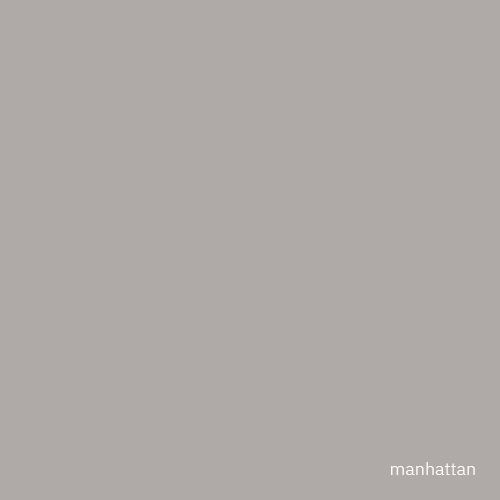 A uniform muted gray-beige square background with the small white lowercase word 'manhattan' positioned in the bottom-right corner.