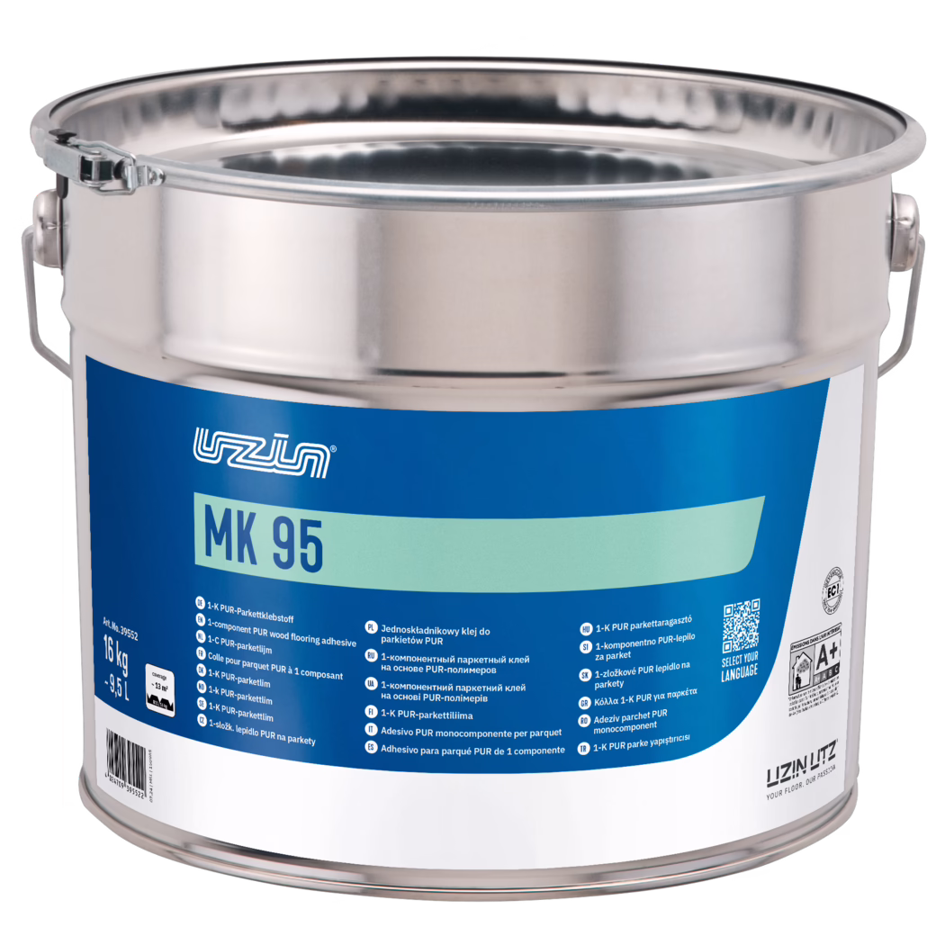UZIN_Dummy_MK 95-16kg_2024-11 Close-up photograph of a metallic cylindrical container used for flooring adhesive. The shiny stainless-steel pail features a removable clamp lid and a metal bail handle; a large blue label printed with "MK 95" and additional multilingual product information indicates this is a 1-component PUR wood-flooring adhesive with an approximate capacity of 16 kg (9.5 L). The image focuses on the reflective rim, lid fastener and upper portion of the label; colors are predominantly silver, deep blue and pale teal.
