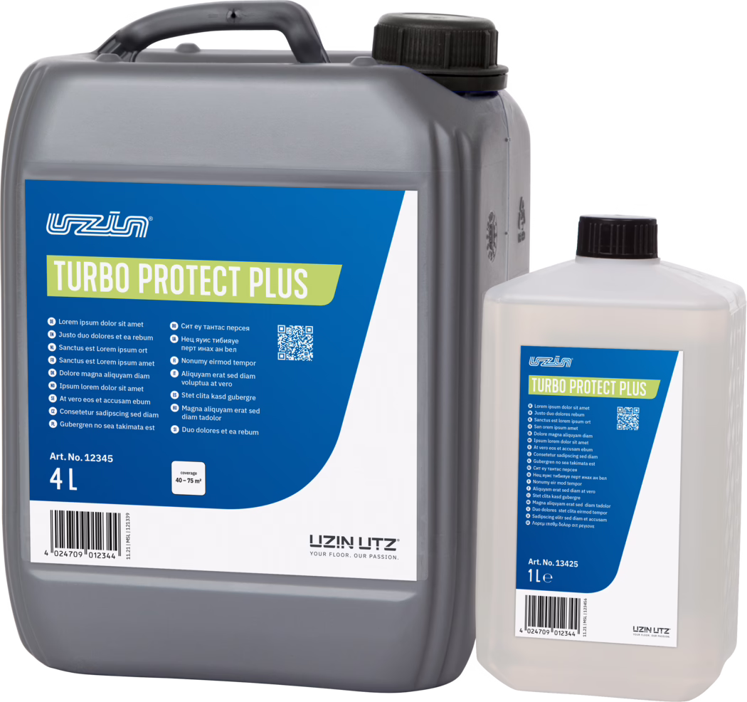 Close-up photo of two plastic canisters: a large gray 4‑liter jerrycan on the left and a smaller semi‑transparent 1‑liter bottle on the right. Both containers feature blue rectangular labels with green accents reading 'TURBO PROTECT PLUS' and the UZIN UTZ logo. The gray jerrycan has a black screw cap and an integrated handle on top; the white bottle also has a black cap. Labels show small multilingual text lines, a QR code, product article numbers (Art. No. 12345 and 13425), a barcode and coverage information. The items are photographed against a white background with focus on the labels, caps and upper parts of the vessels.