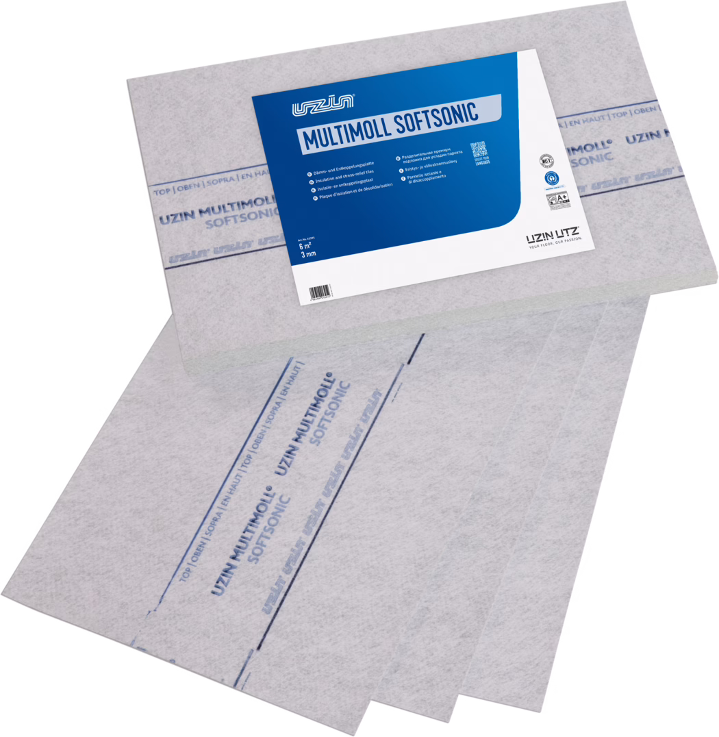 UZIN_Dummy_Multimoll Softsonic_2024-09 Grey fibrous underlayment sheets labeled 'UZIN MULTIMOLL SOFTSONIC'. Three thin sheets are fanned out with one sheet on top showing a large blue-and-white product label bearing the product name, specifications (6 m², 3 mm), small icons and the UZIN logo. The sheets show blue printed guide lines and repeated branding and are intended for impact and sound insulation under floor coverings such as laminate, parquet or vinyl.