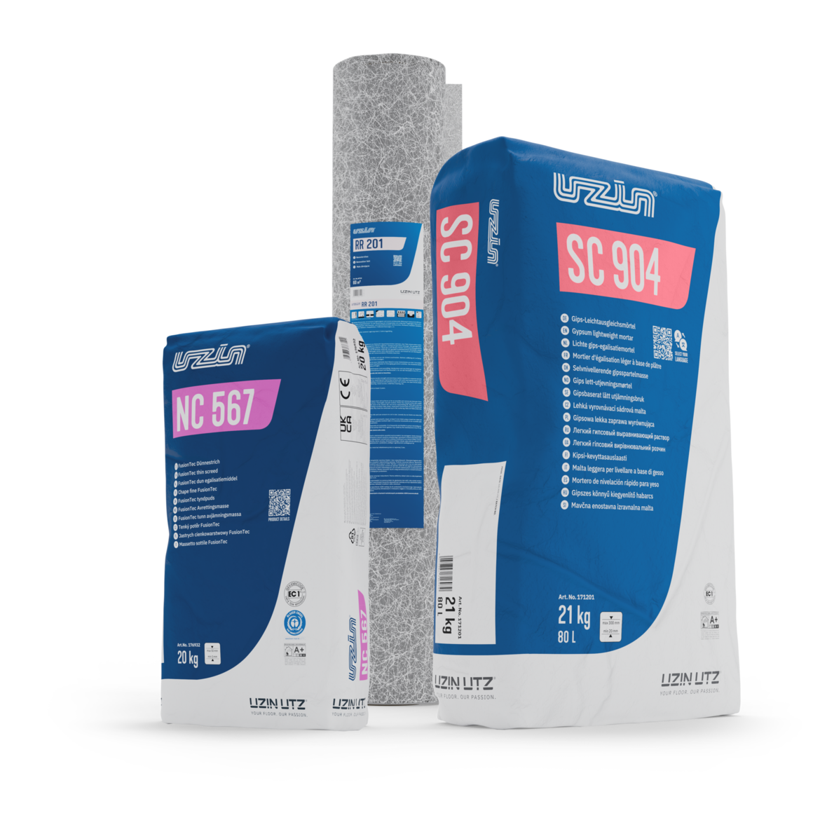 Three construction material bags and a rolled material, all branded LIZAN LITZ. The bags are labeled NC 567 and SC 904, each weighing 21 kg, with a blue, white, and purple design on a white background.