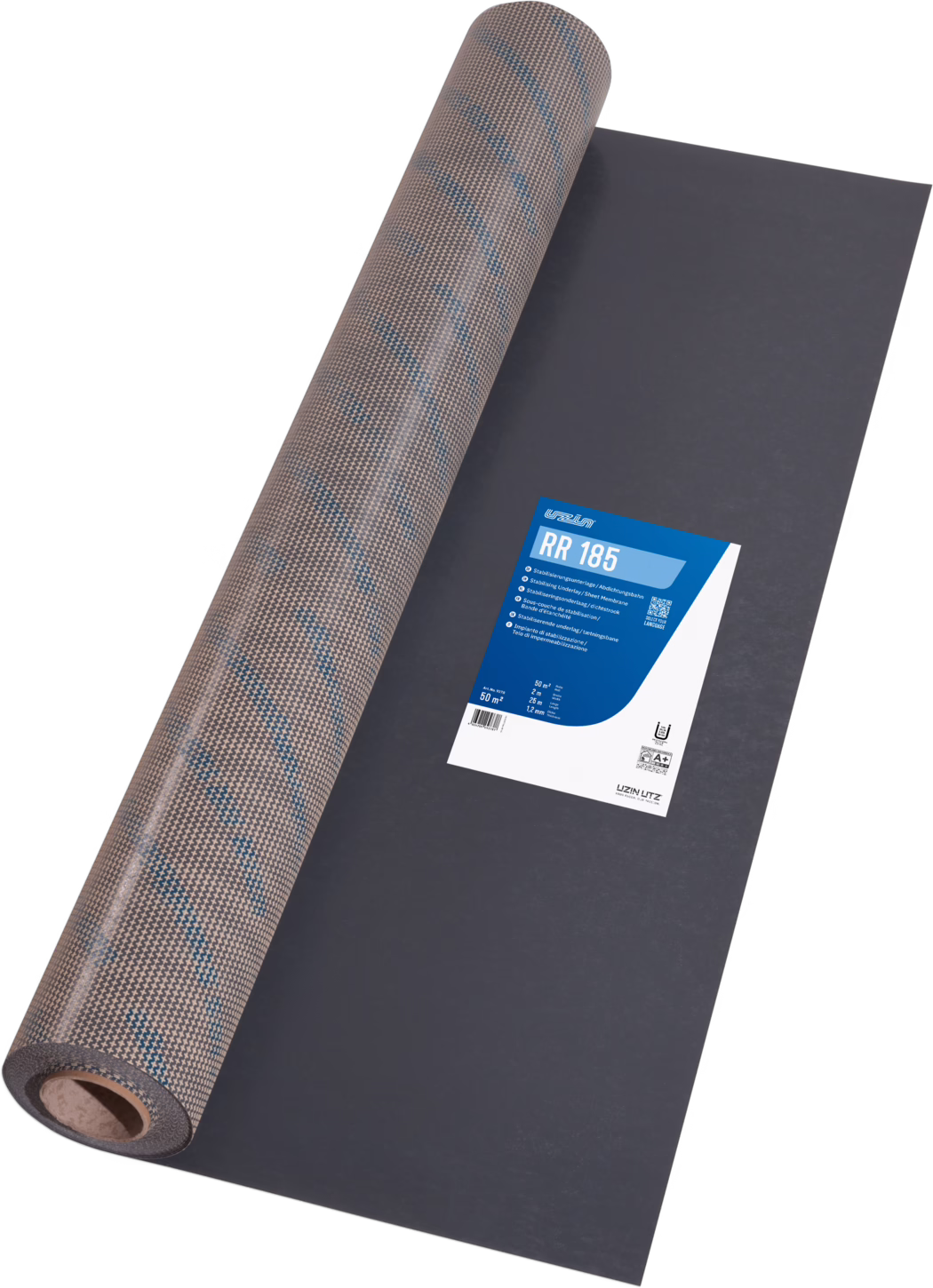 UZIN_Dummy_RR 185_2024-06 Roll of roofing underlayment partially unrolled on a flat surface, showing a textured brown top layer with subtle blue diagonal lines and a dark gray underside; a blue-and-white product label reads 'RR 185' with technical information.