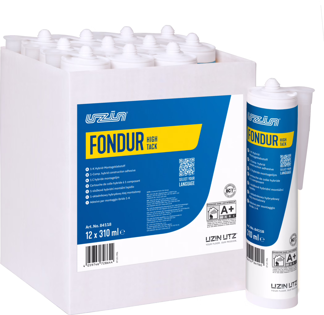 UZIN_Dummy_Fondur HighTack-carton_2023-10 Box containing twelve white cartridges of UZIN FONDUR High Tack construction adhesive with blue and yellow labels; one cartridge placed outside the box shows the nozzle and product branding. Clean white packaging on a white background.