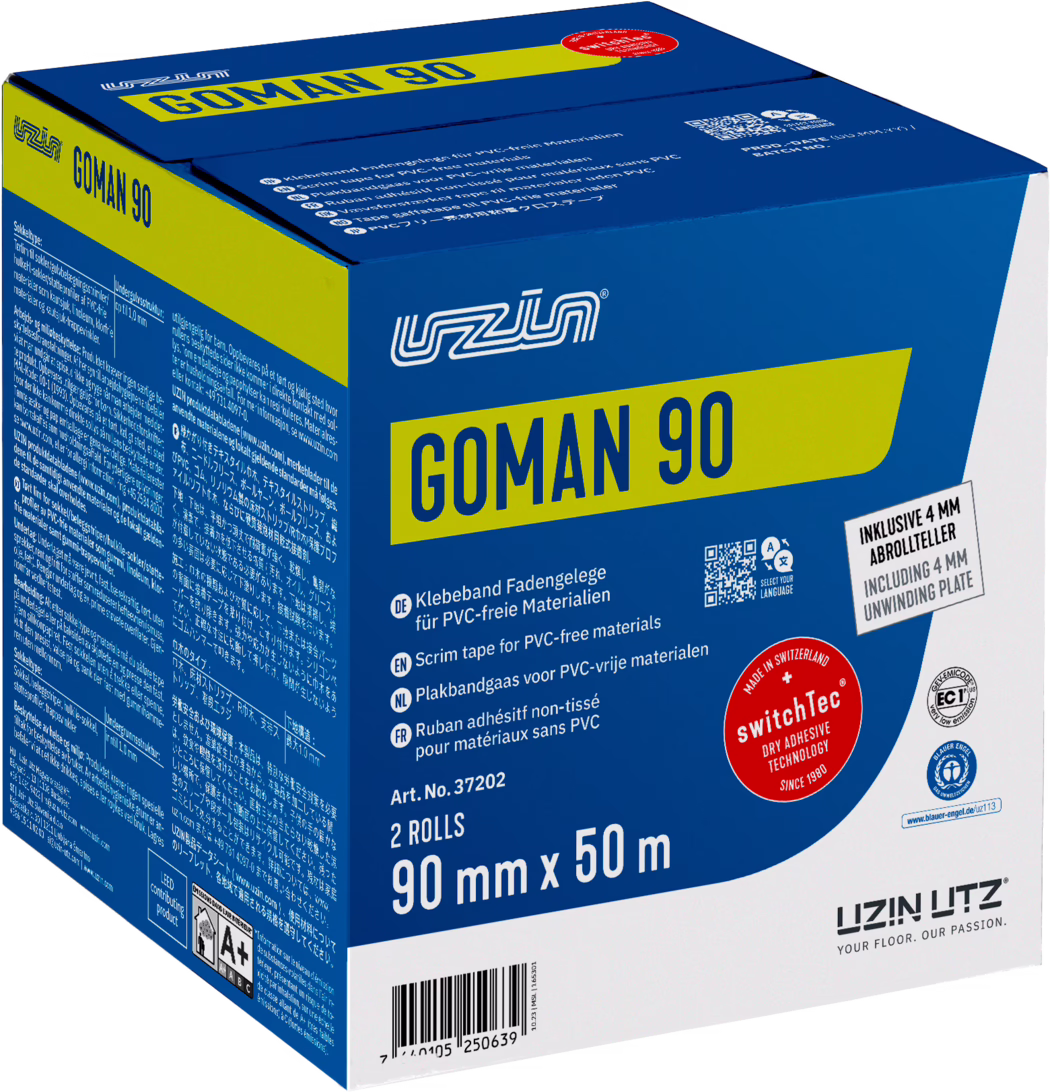 UZIN_Dummy_Goman 90-carton_2024-02 GOMAN 90 packaging, featuring a blue box with yellow accents, containing scrim tape for PVC-free materials. The box includes details like size and quantity: 90 mm x 50 m, 2 rolls, with adhesive technology highlighted. Multiple languages are presented on the sides, including German, English, Dutch, French, indicating usage and product specifications.