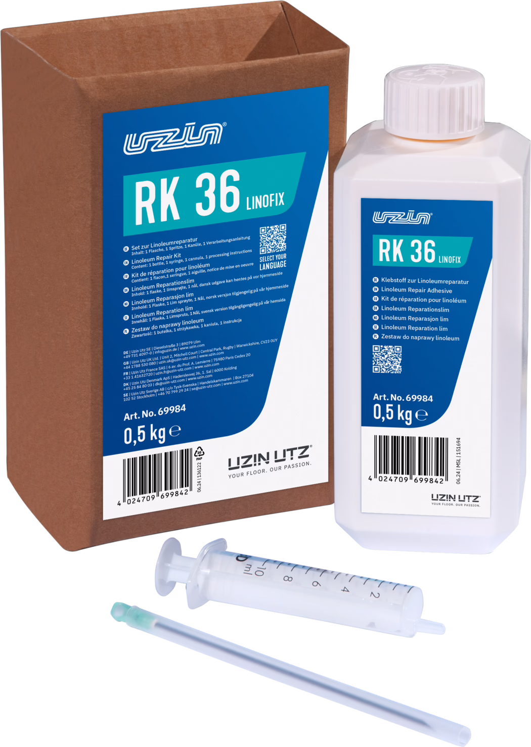 UZIN_Dummy_RK 36_2024-06 A packaging box containing the Uzin RK 36 Linofix, a linoleum repair adhesive kit. The kit includes a bottle of the adhesive (0.5 kg) and a syringe for application. The packaging is primarily brown with blue and white labeling that details the product's use and instructions in multiple languages.