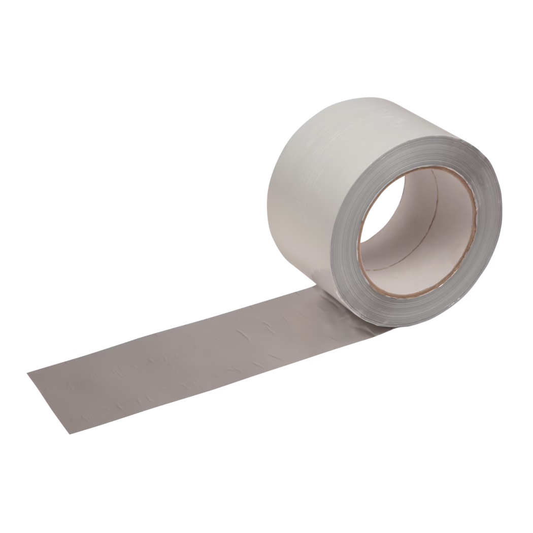 UZIN_Dummy_Alutape 75_2016-09 Close-up product photo of a partially unrolled roll of grey adhesive tape on a white background, showing the cardboard core and the smooth, slightly textured tape surface.
